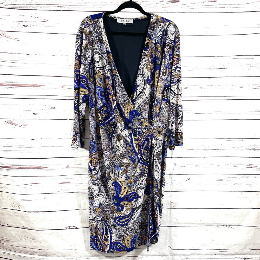 Kasper Faux Wrap Dress Womens Size 3X V-Neck 3/4 Sleeves Paisley.